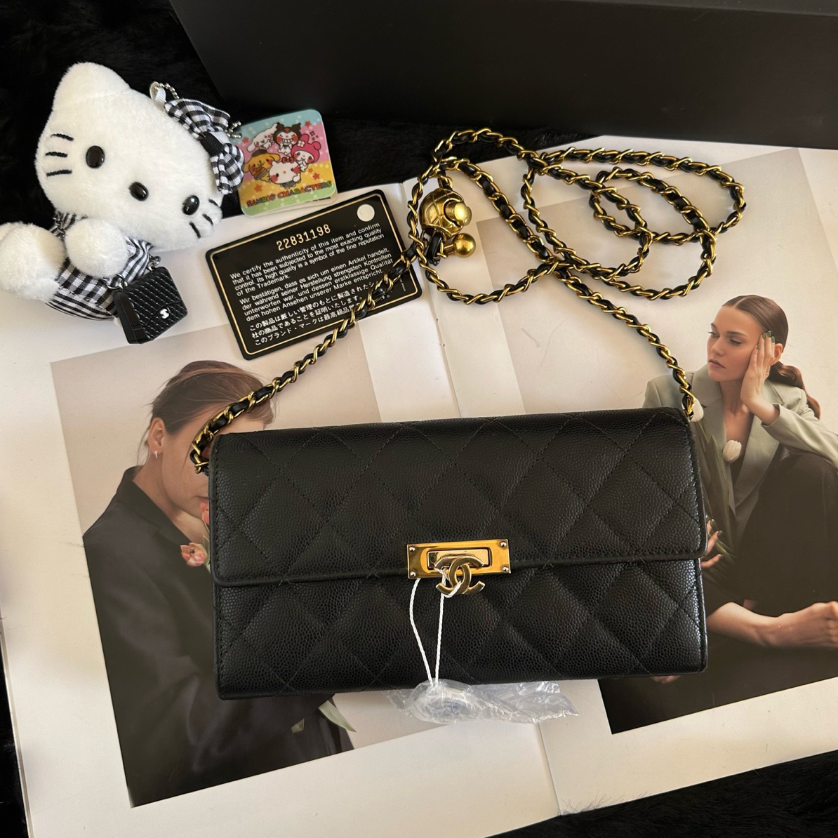95新 Chanel/香奈儿 Chanel/香奈儿黑金荔枝纹长款钱包单肩斜挎包