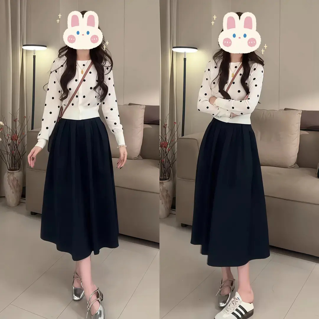 【轻奢波点】早秋新款气质提花长袖针织开衫上衣 半身裙BB50249