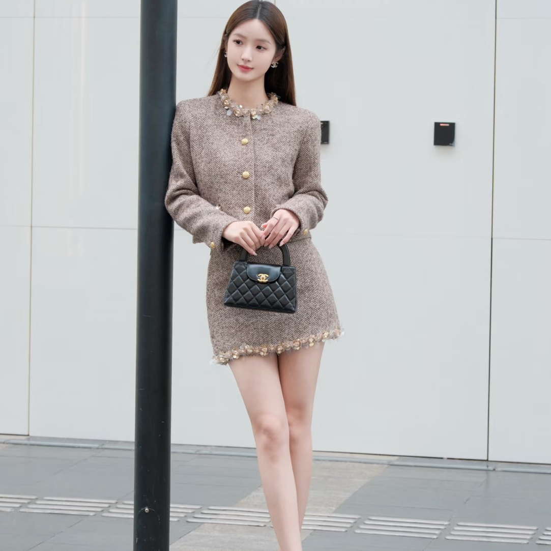 时尚显瘦气质女士秋季饰边羊驼花呢套装百搭款（直播间专用2）