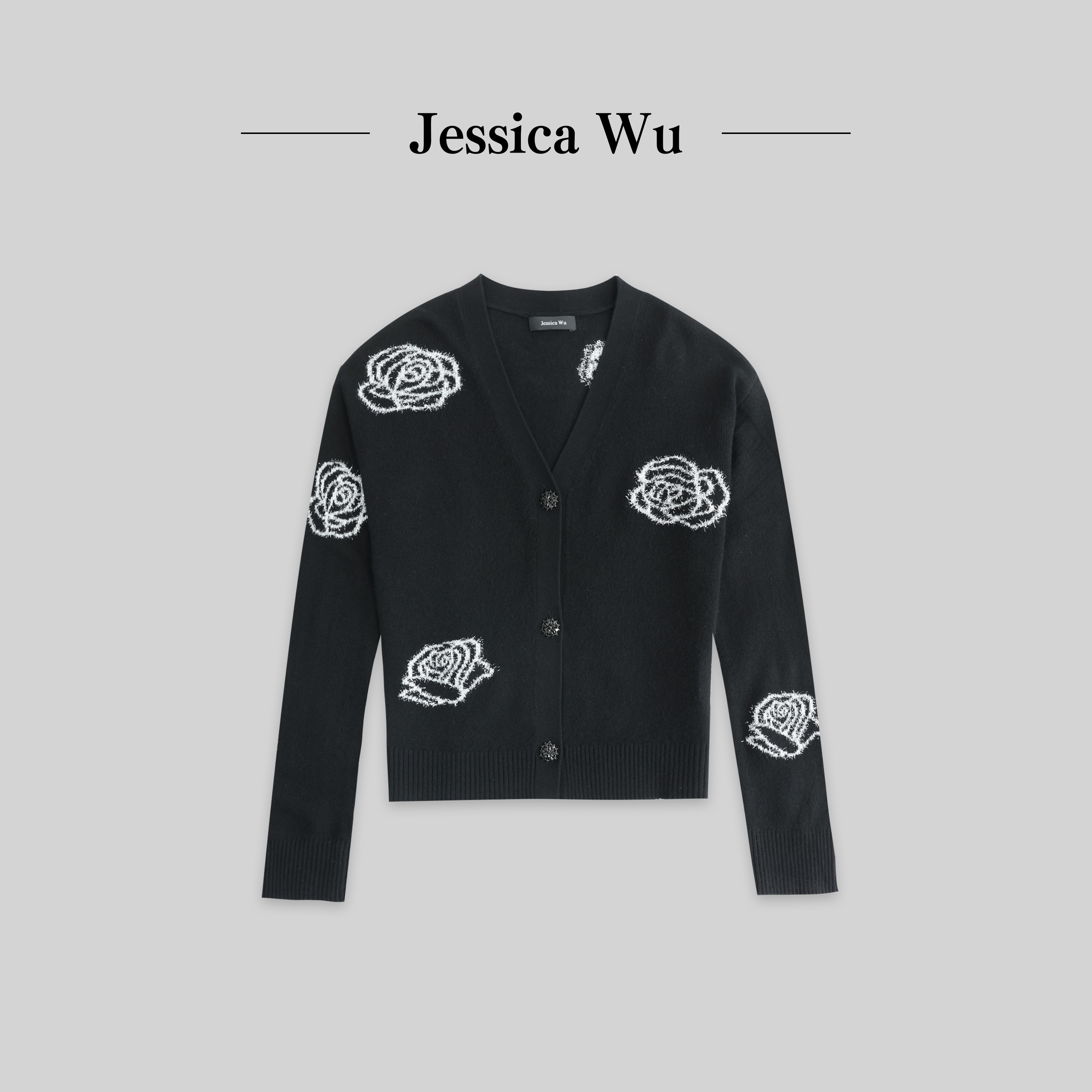 JESSICA WU针织柔软亲肤细闪银葱玫瑰百搭显瘦开衫254504005