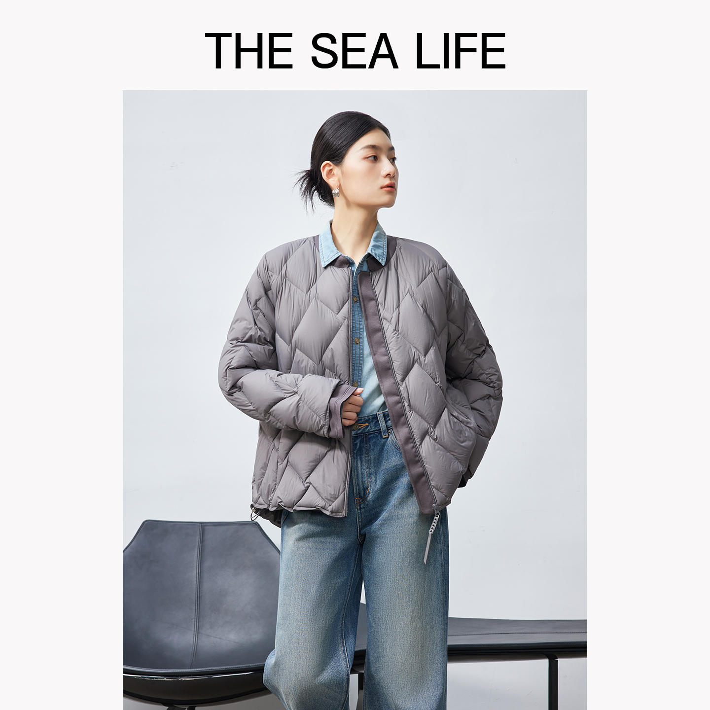 THESEALIFE欧海一生绗缝圆领轻薄羽绒服女25冬新款鸭绒外套210306