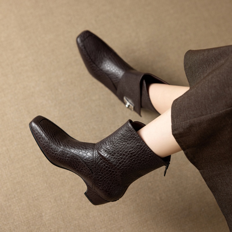 牛皮/跟高4cm/2025新款冬季真皮中跟短靴女软面加绒百搭舒适皮靴