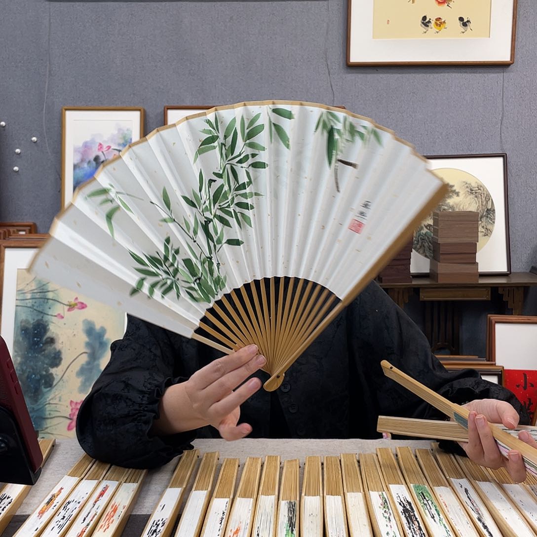 国画95寸玉竹-纯手绘-文玩扇骨（默认粘好）