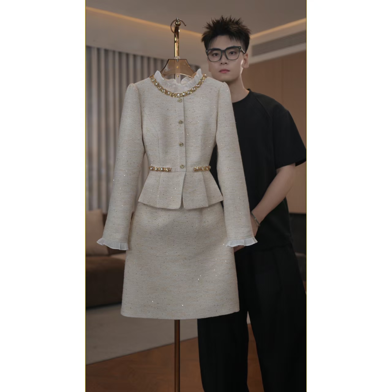 【少量现货】2304品牌女装假两件高定气质显瘦长袖连衣裙