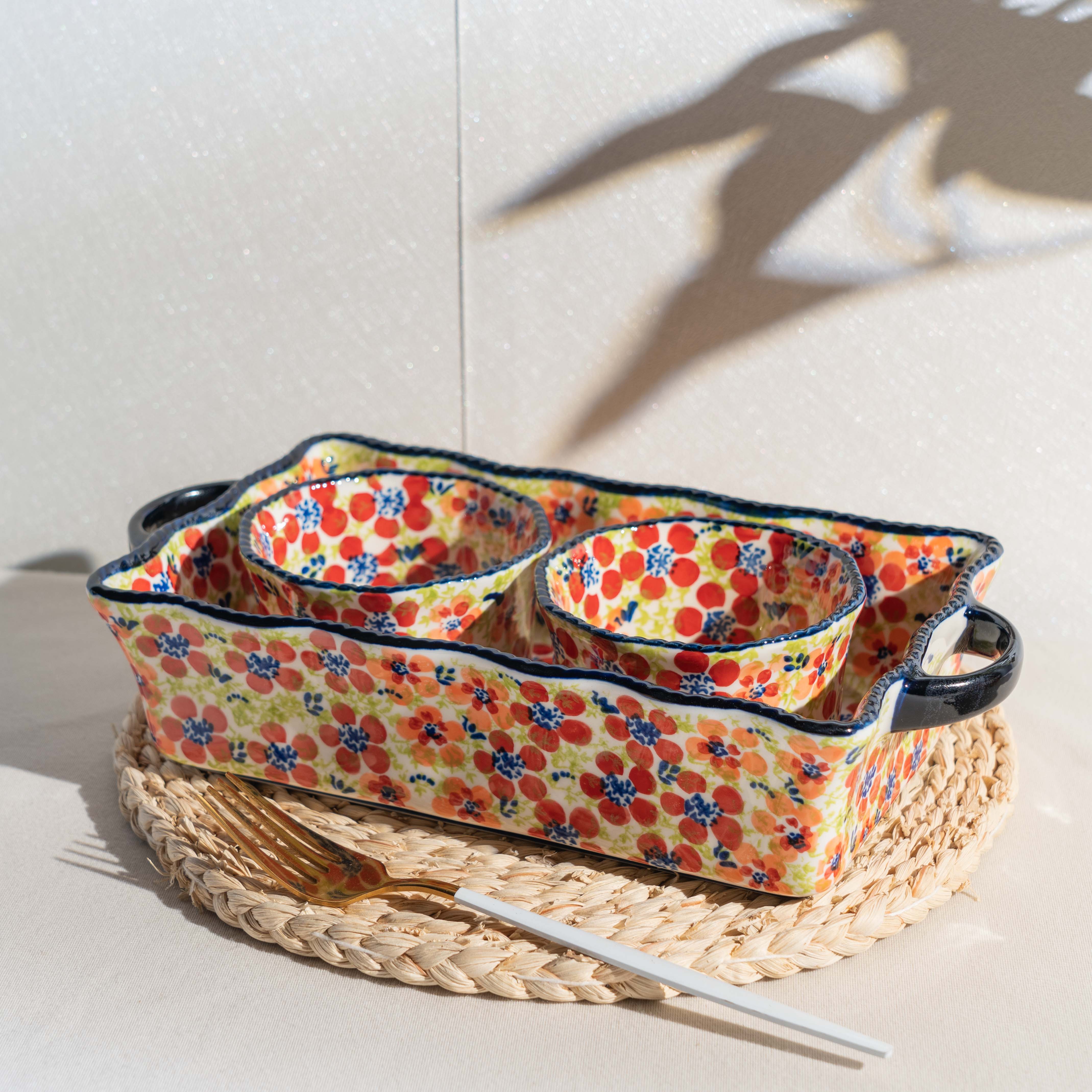 【粉黛】 双耳手绘陶瓷盘家用鱼盘水果盘烘焙烤盘