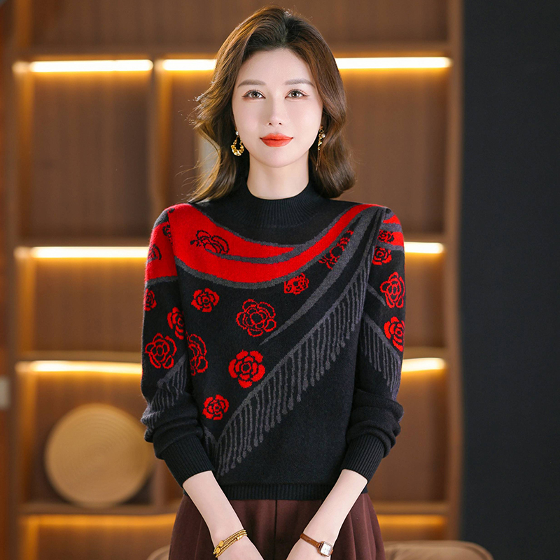 正品女装拼色提花半高领毛衣秋冬新款妈妈宽松显瘦百搭针织打底衫