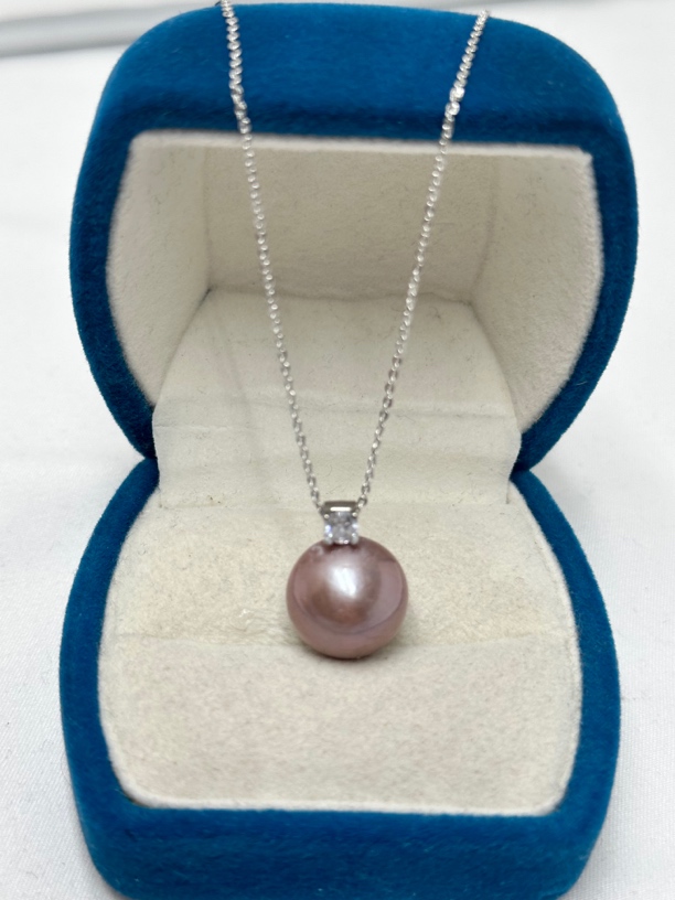 天然淡水珍珠14-15mm正圆极光粉紫珠戴妃吊坠D981