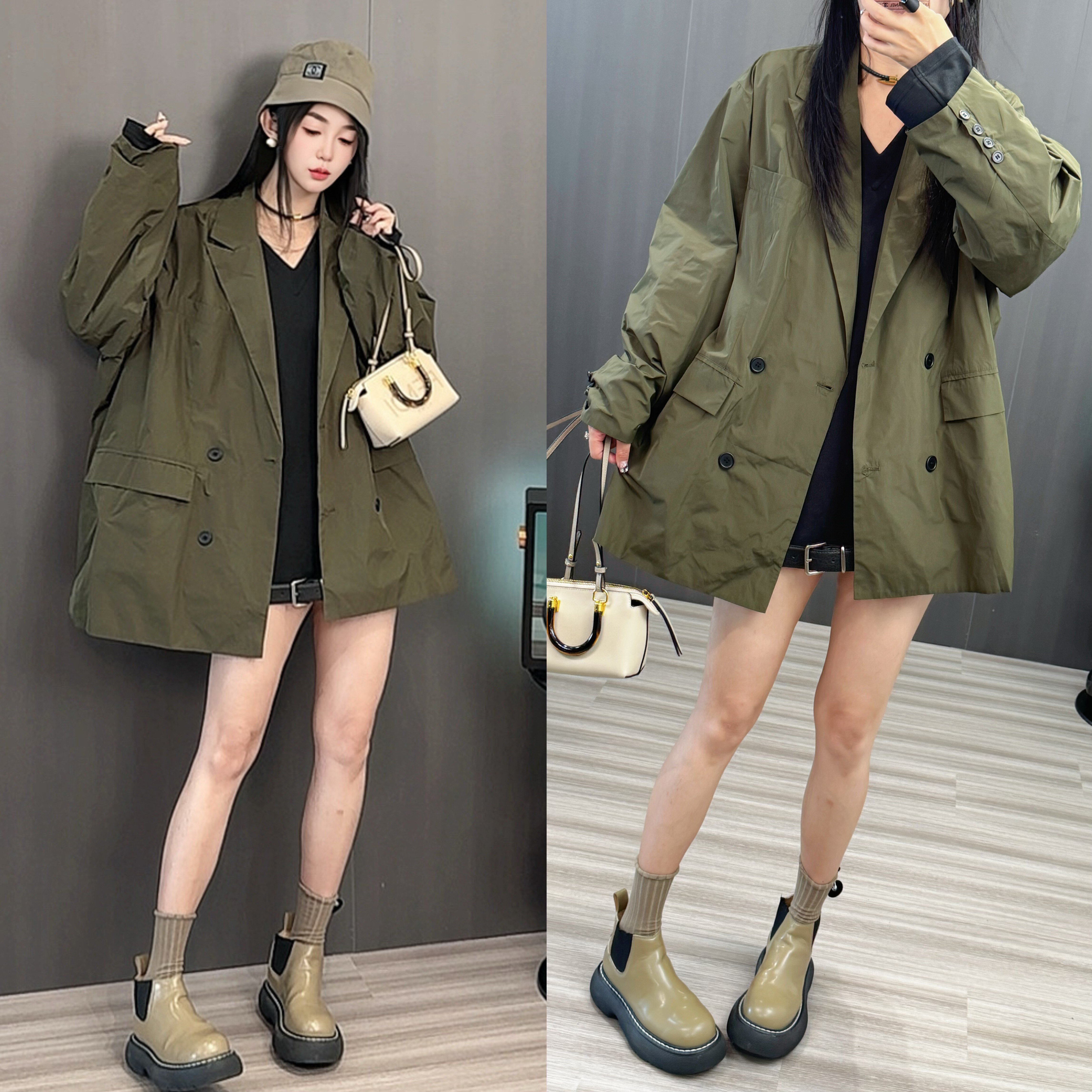 欧货工装西服外套女2025秋季新款双排扣纯色西装中长款上衣