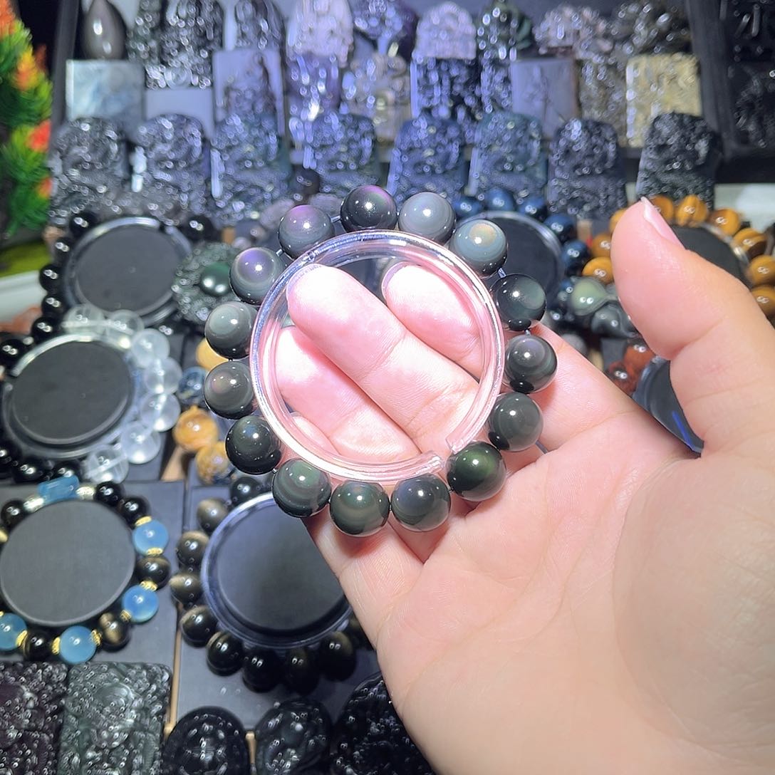 黑曜岩未镶嵌手串N****只彩曜石14m满月