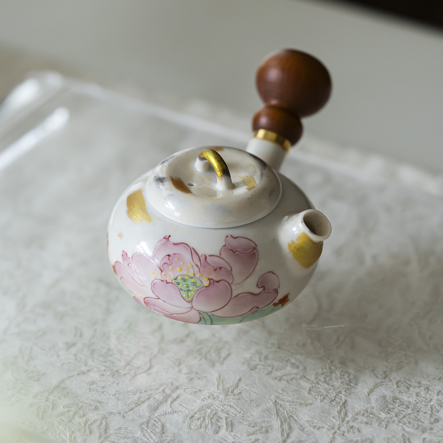 白志野手绘荷花侧把壶茶壶陶瓷泡茶壶家用茶水壶带过滤功夫茶具