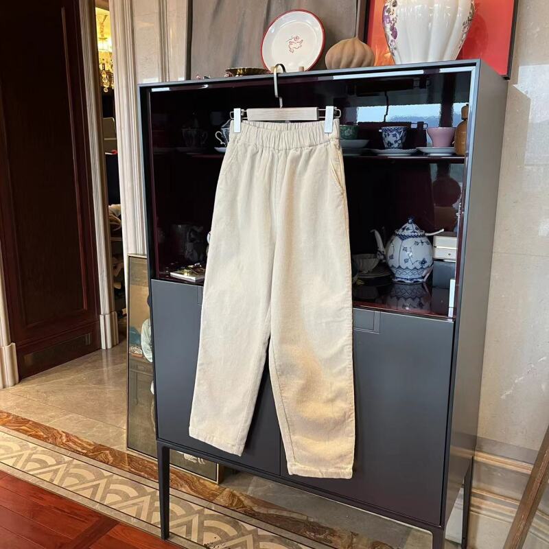 MYL 米色氨棉灯芯绒裤2023秋冬新品中腰直筒纯色时尚宽松长裤