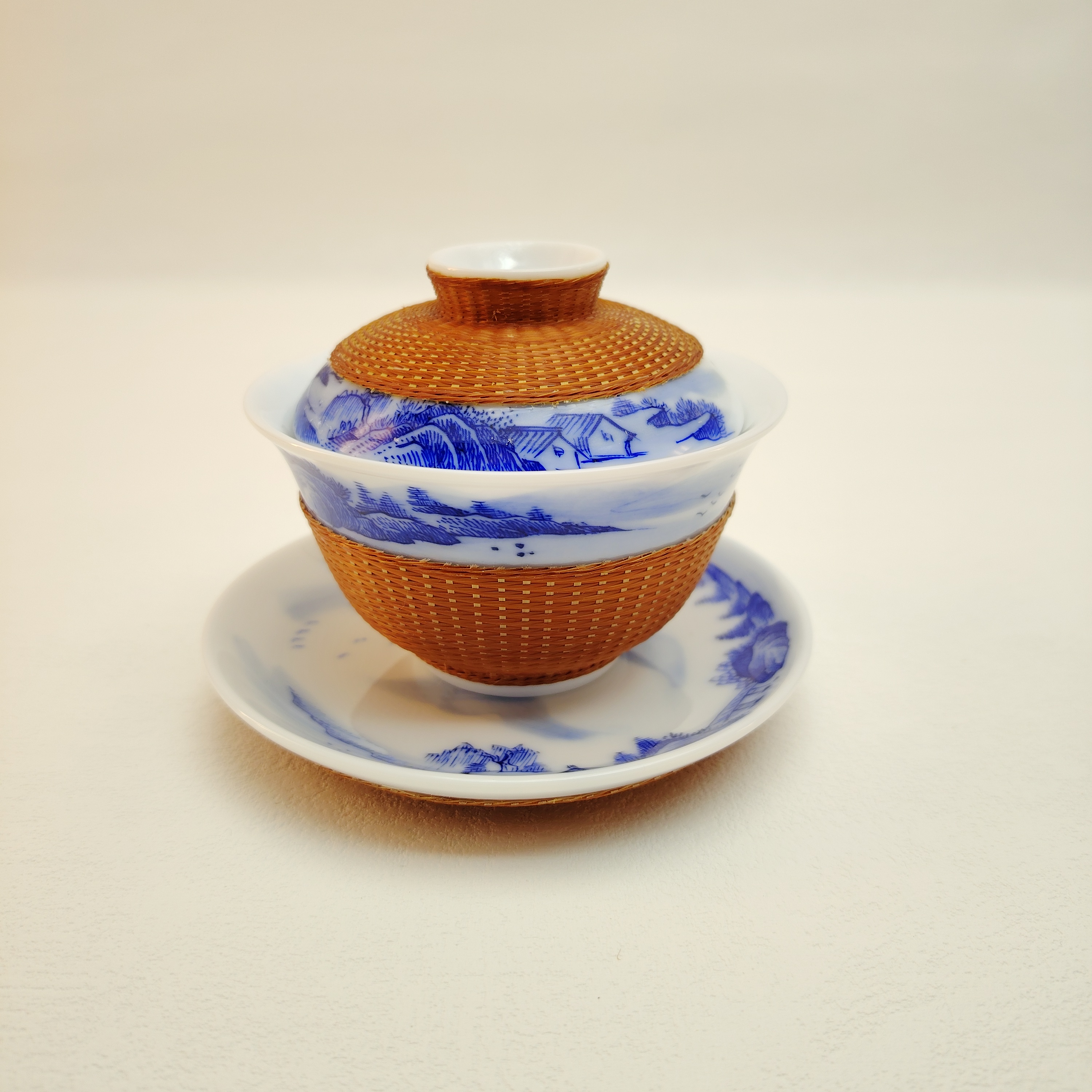 平宁竹丝扣瓷手工编织高端茶具山水青花盖碗定制礼品非遗手工
