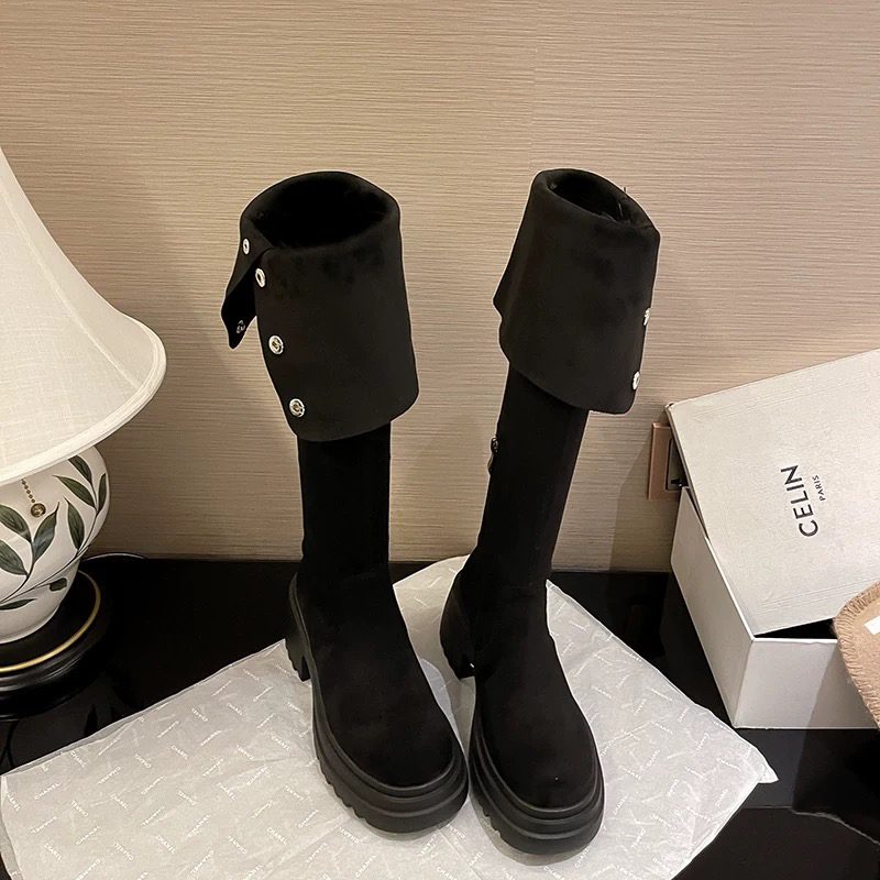 时装靴卡其色高跟靴子骑士秋冬加绒长筒长靴女鞋