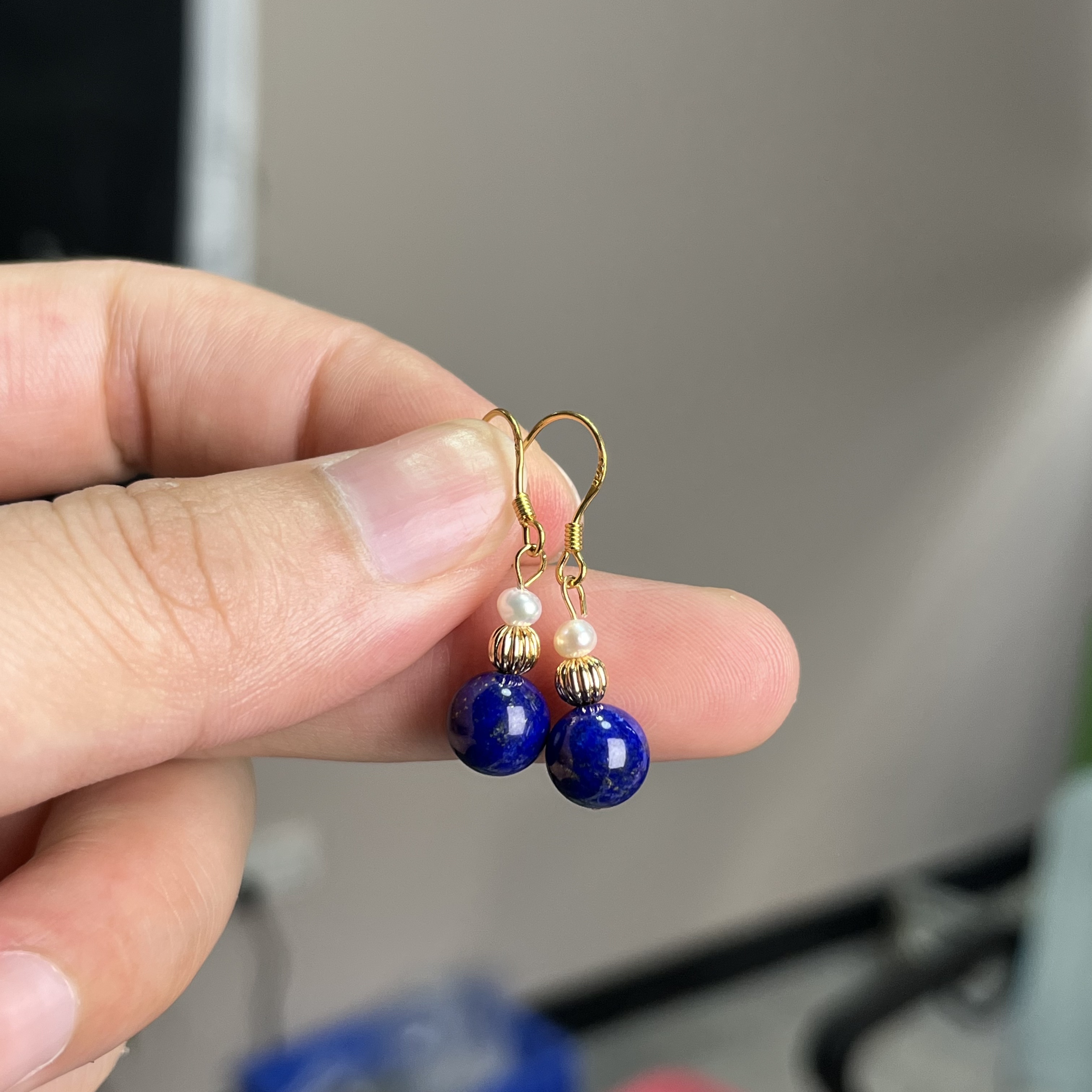 青金石圆珠约8.5mm搭珍珠其他配件银耳钩