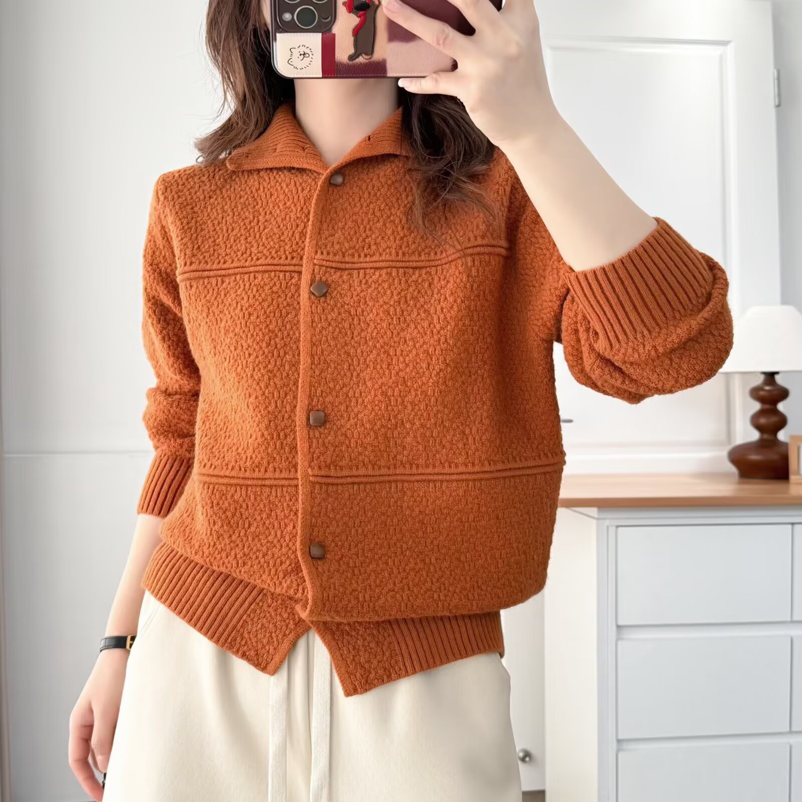 微胖MM秋冬韩版新款慵懒风单排扣翻领针织开衫女大码宽松百搭上衣