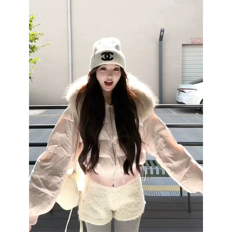 韩版辣妹粉色毛领设计收腰短款棉服女秋冬季加厚保暖棉服外套上衣