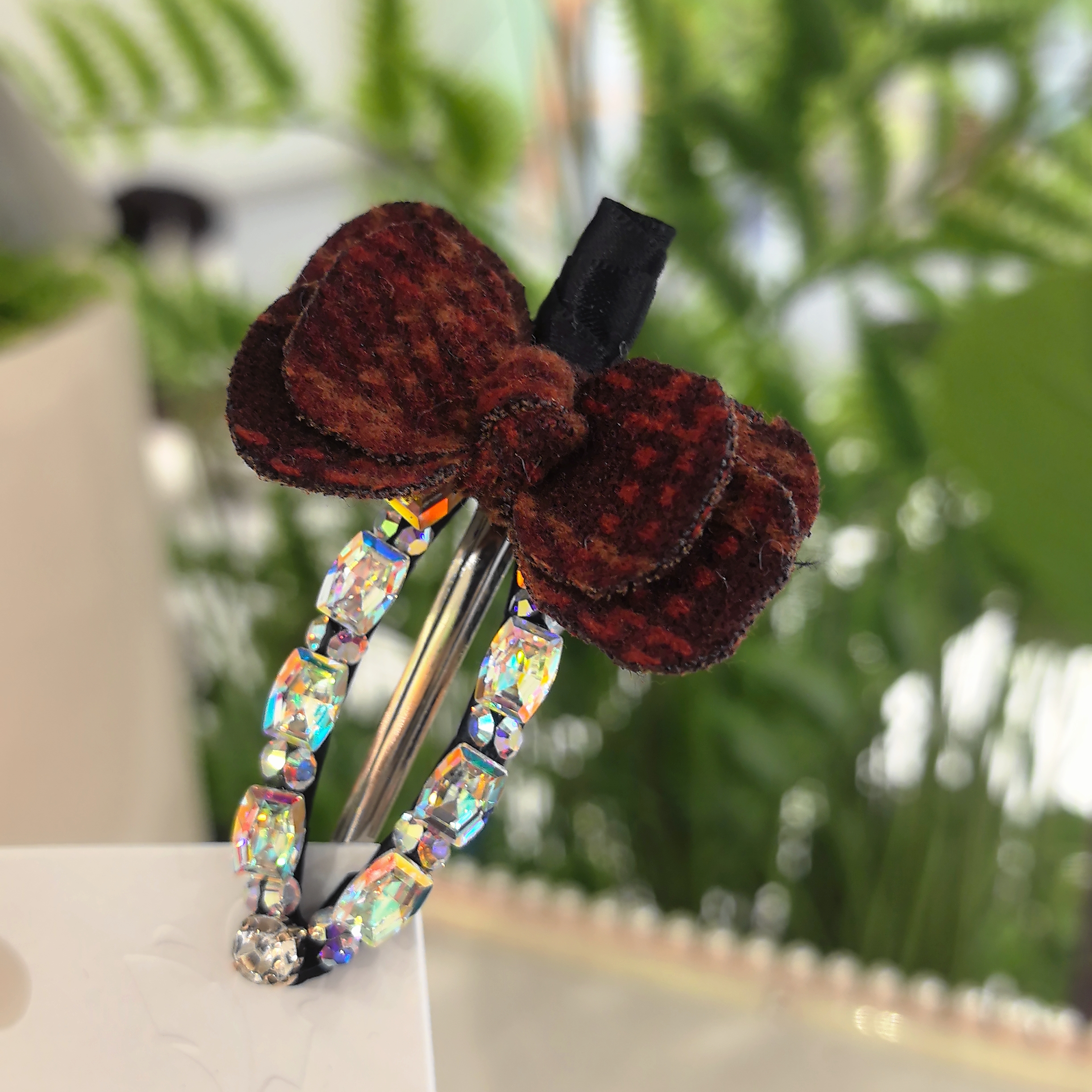 精品水晶新款精致红色格子丝绒蝴蝶结时尚百搭鱼嘴压夹WM-583