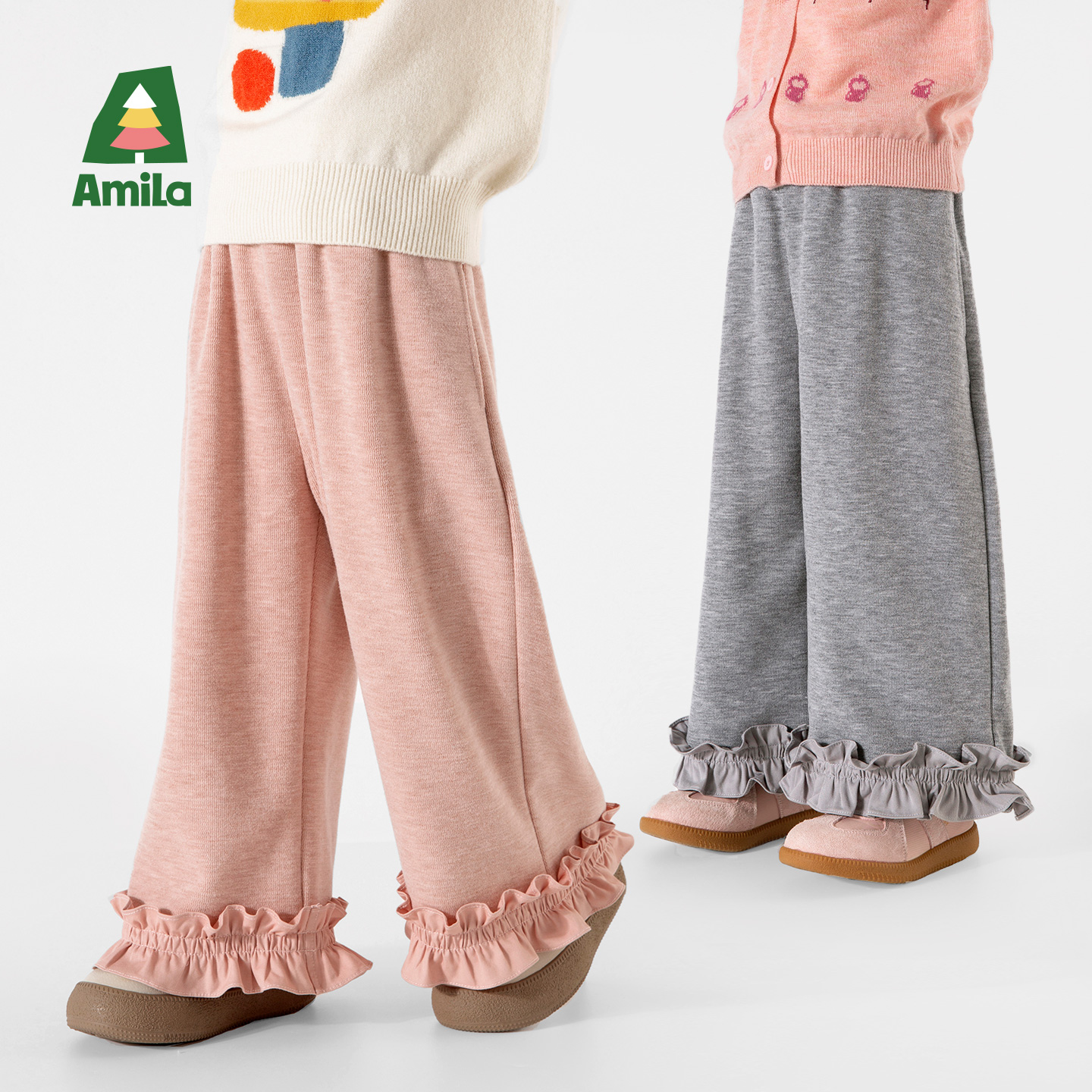 Amila啊咪啦2025秋季新款阔腿花边女童休闲裤XQ5XK375