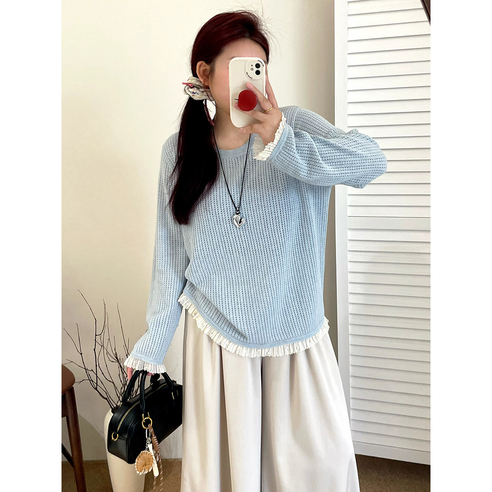 【涵胖胖】清*女装拼接花边镂空上衣2025秋胖mm休闲百搭针织衫23138