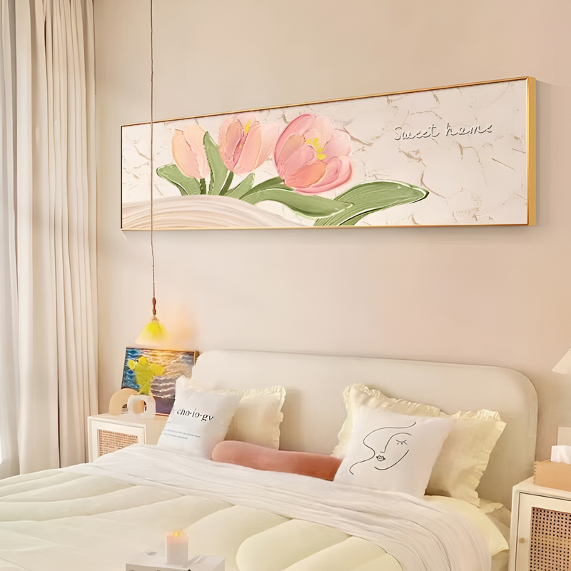 现代高级感轻奢卧室床头挂画横版立体砂岩肌理客厅装饰画郁金香