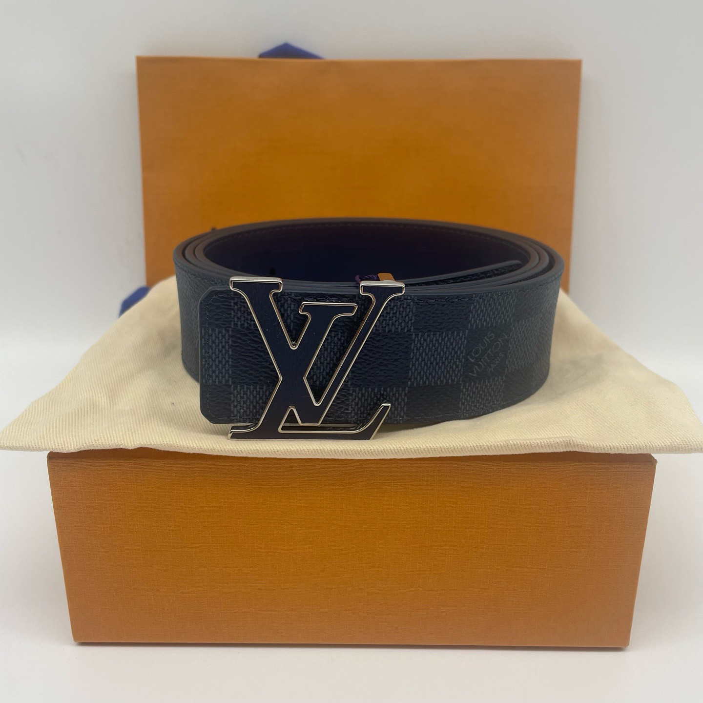 未使用 LouisVuitton/路易威登 110码皮扣蓝棋盘双面腰带14550465