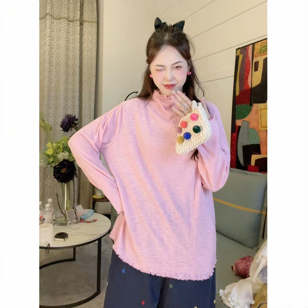 燃冉【糖果色T恤】韩版纯色宽松时尚百搭木耳边打底衫T恤上衣