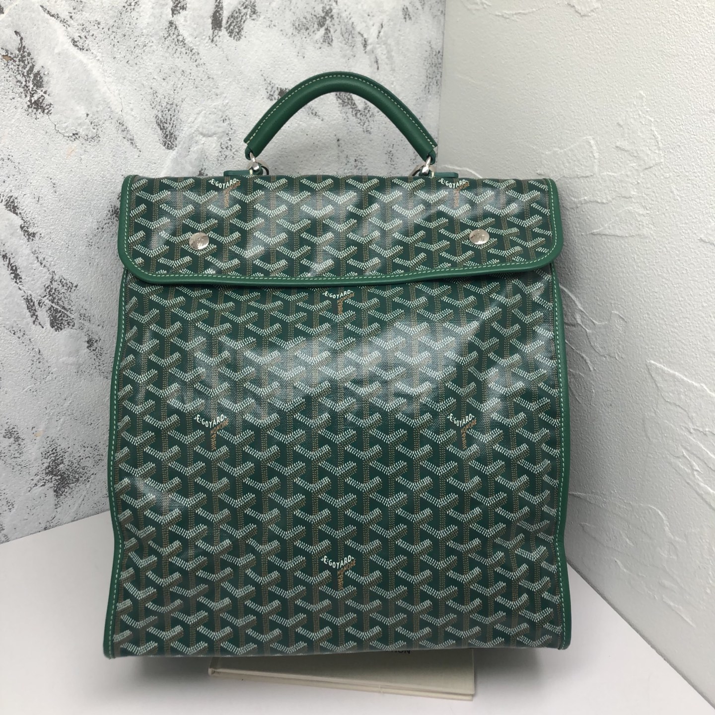 99新 Gaoy/戈雅 男女同款绿色牛皮折叠经典老花二奢双肩包