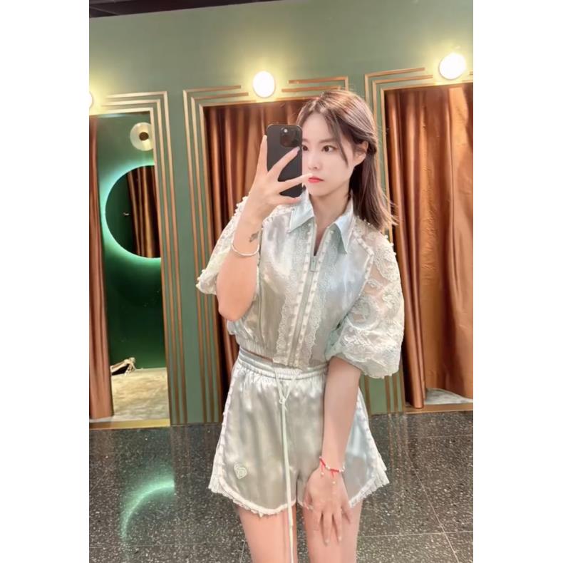 辰辰木子小店绿色蕾丝拼接钉珠棒球服上衣短裤