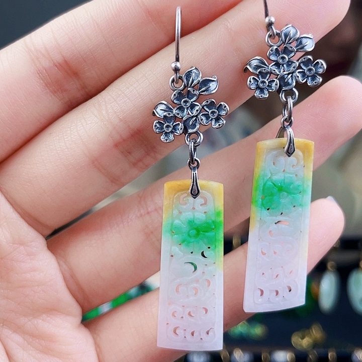 翡翠耳饰银S925镶嵌饰品