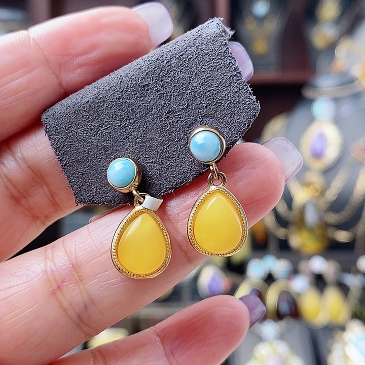 琥珀耳饰银S925镶嵌耳环