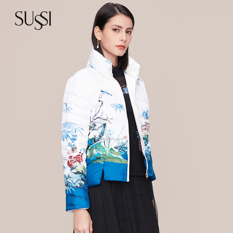 SUSSI/古色冬季新品商场同款白底印花羽绒外套气质百搭
