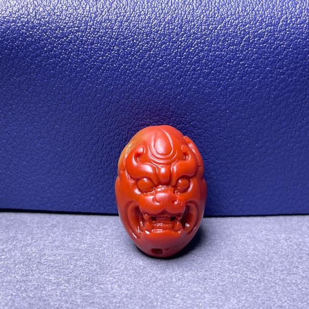 天然包浆南红精工兽面背云满肉色卡15mm