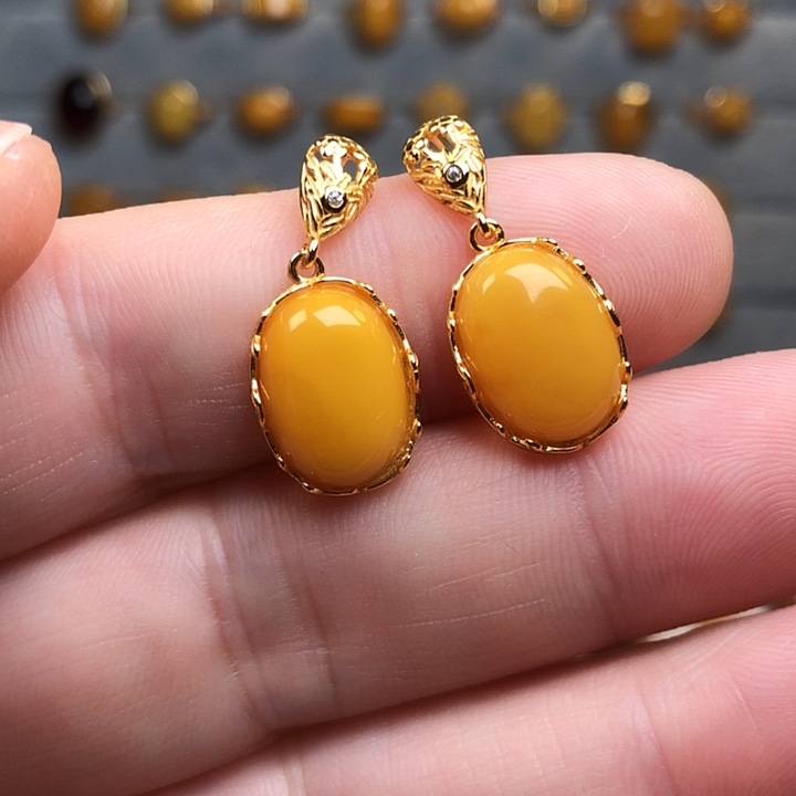 蜜蜡银S925镀金镶嵌耳饰