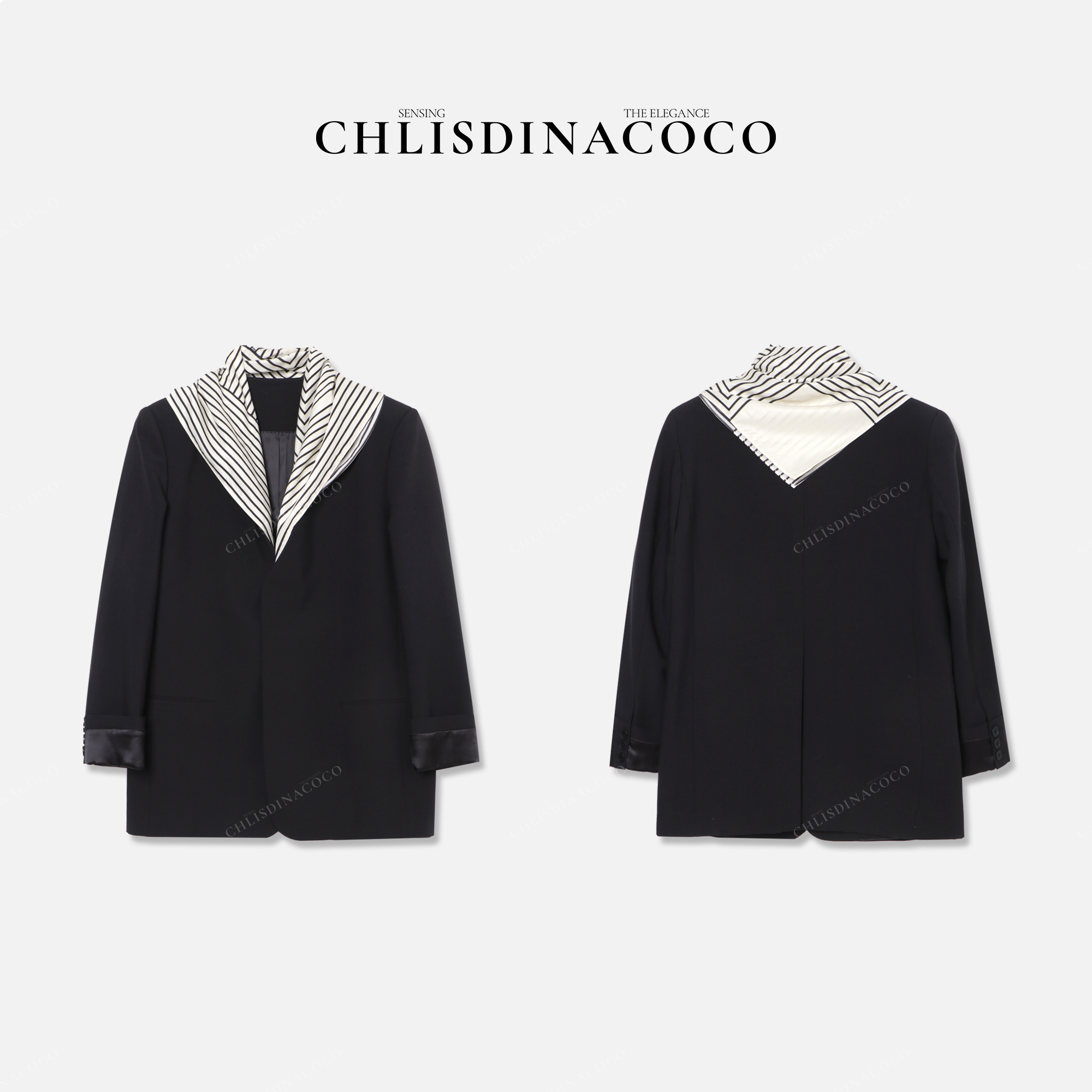 Chlisdinacoco“戀愛裁判”条纹丝巾装饰西装外套C25138WT251