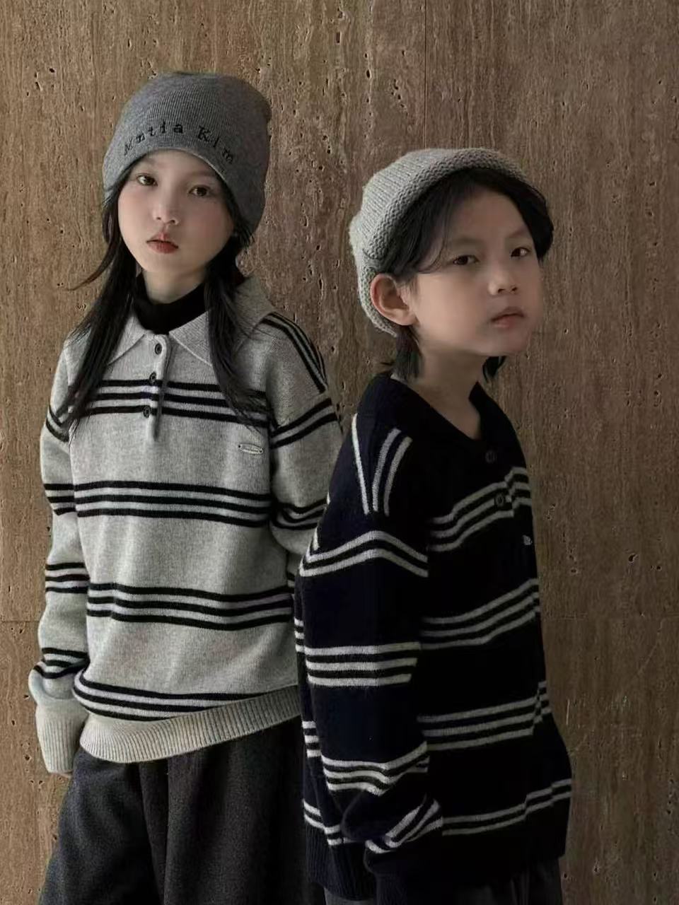 条纹翻领针织衫立领条纹毛衣洋气上衣套头宽松男童韩版大童毛衣潮