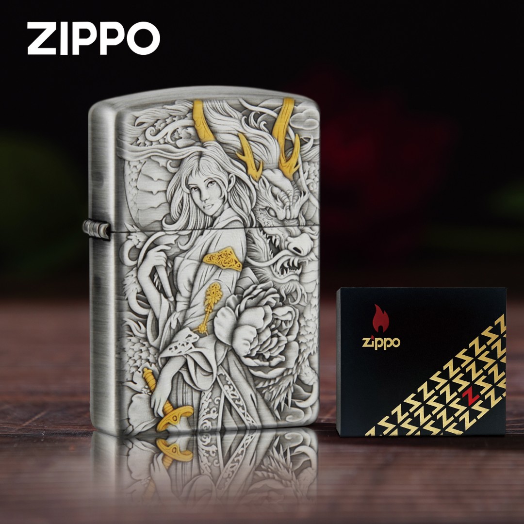 zippo打火机鎏金龙女盔甲熏银正品男朋友礼物实用高端火机DYH1X1