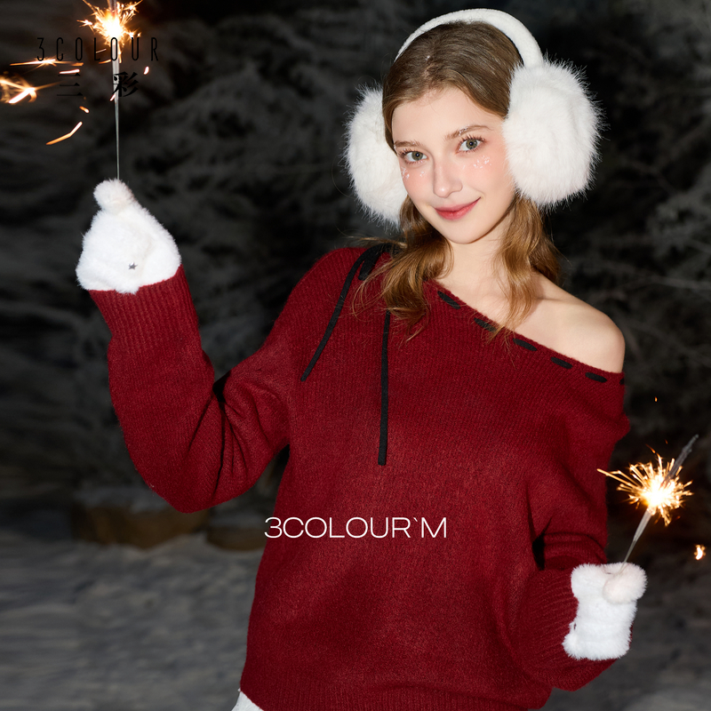 4000赵老板专属针织衫三彩2026春季新款系带蝴蝶结一字肩红色dbx