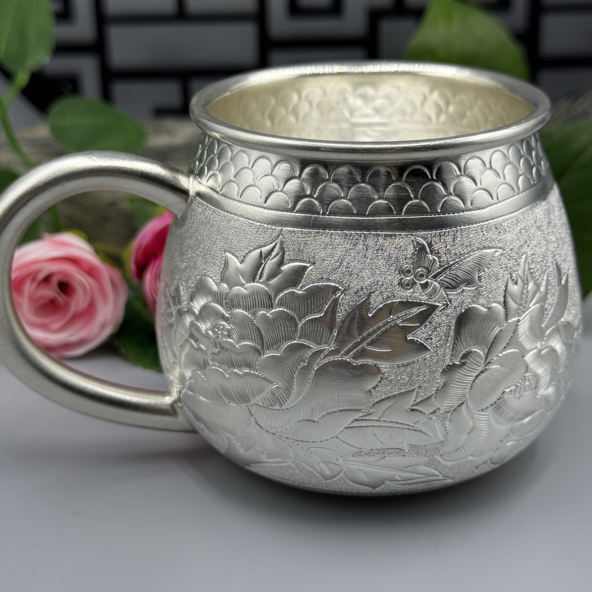 足银银制品 侗石記 纯手工雕刻 水杯 蝶恋花 