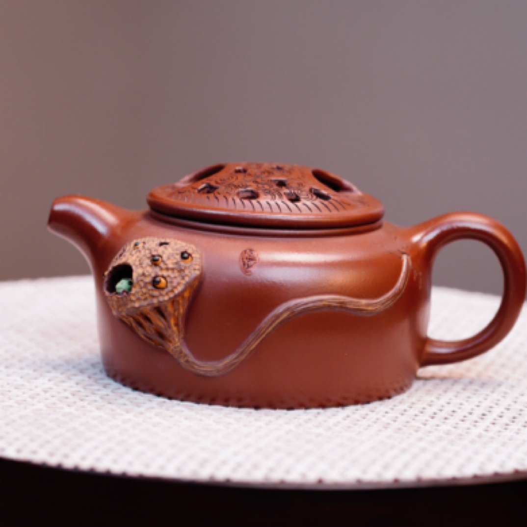 1037宜兴原矿紫砂全手工制作红泥筋纹牛盖青蛙莲子壶纯手工茶具