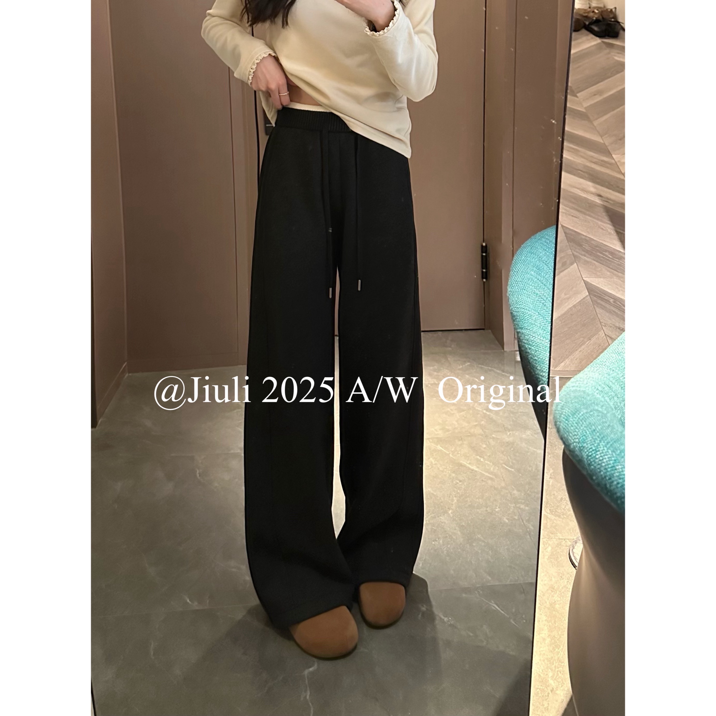 九莉【松弛裤】加绒加厚 百搭设计感抽绳拼接腰头休闲裤