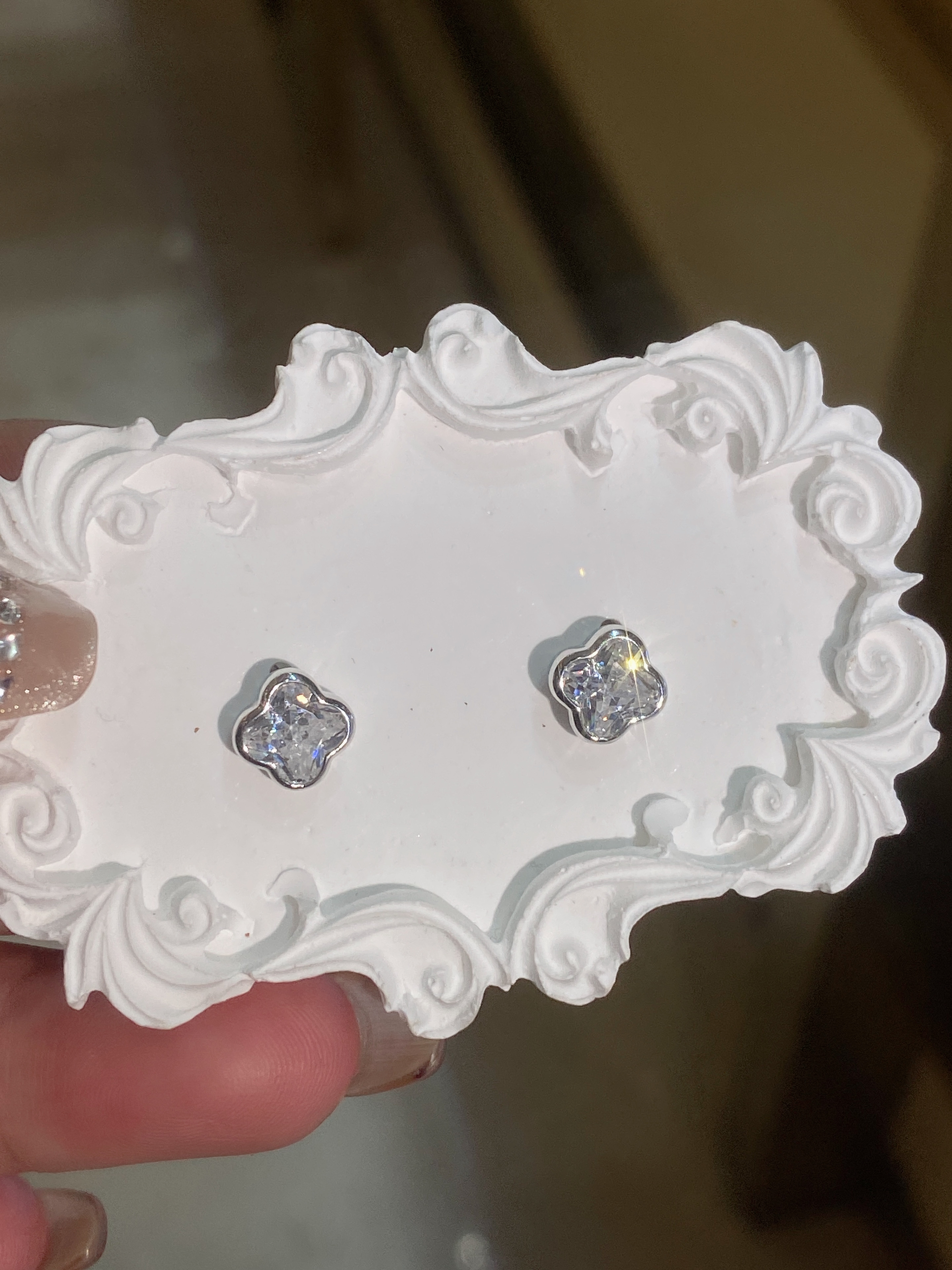 925银耳饰 925银四叶草锆石耳钉