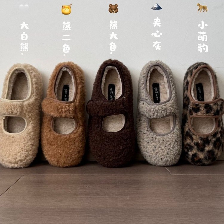 复古毛毛玛丽珍鞋大头可爱毛毛鞋加绒棉鞋百搭低帮保暖休闲  