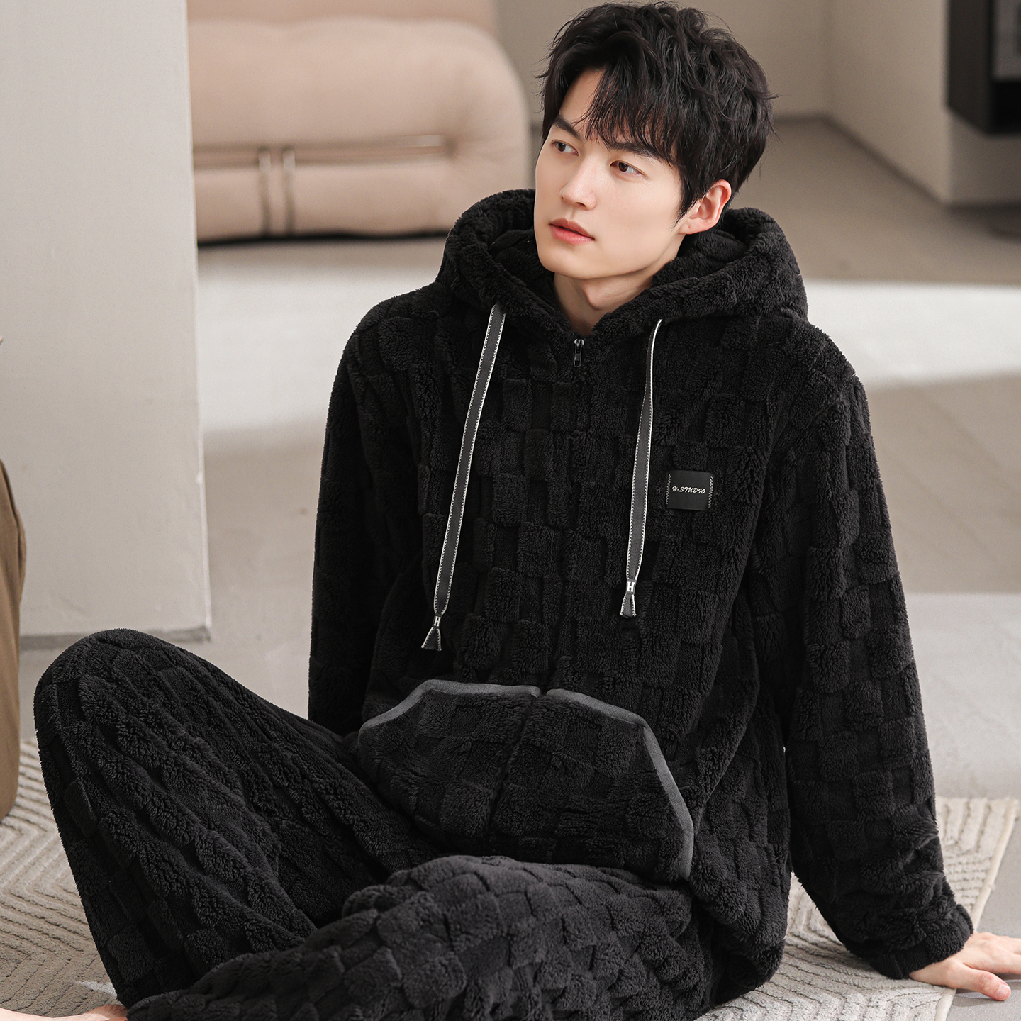 睡衣男秋冬加厚加绒法兰绒套装珊瑚绒家居服开衫拉链大码保暖冬装