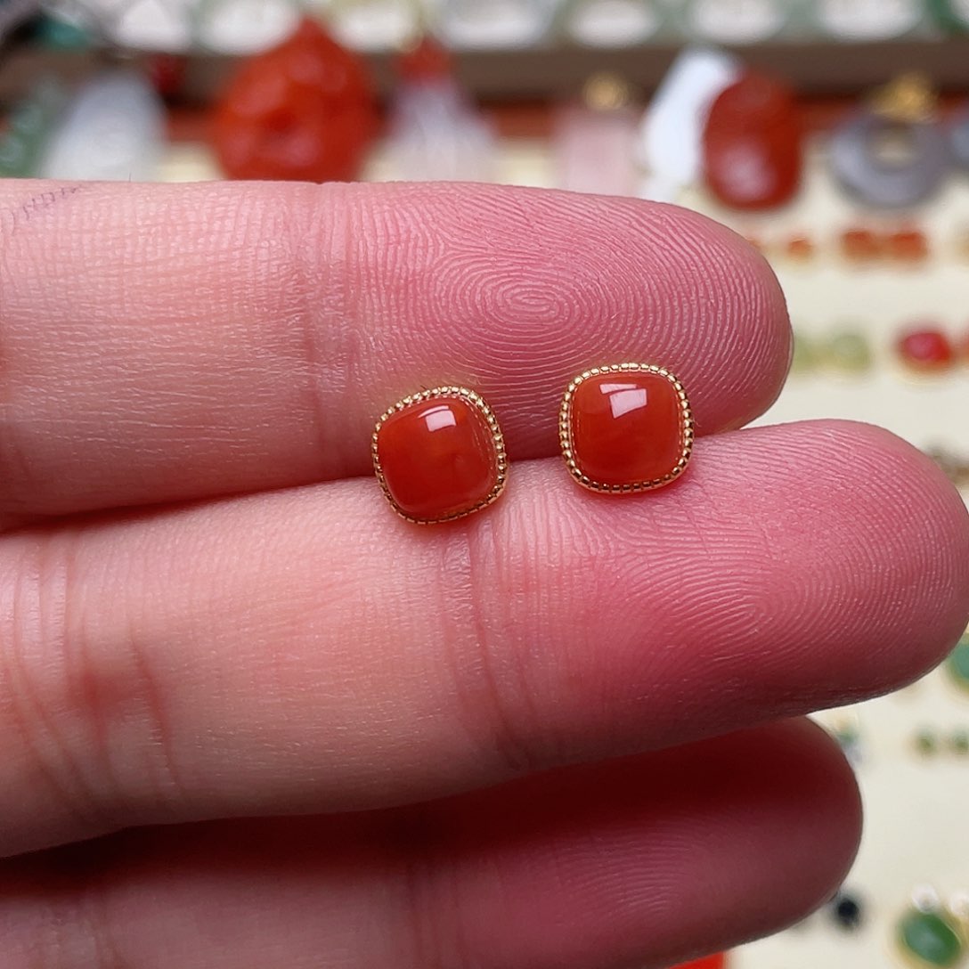 和田玉耳钉银S925镶嵌