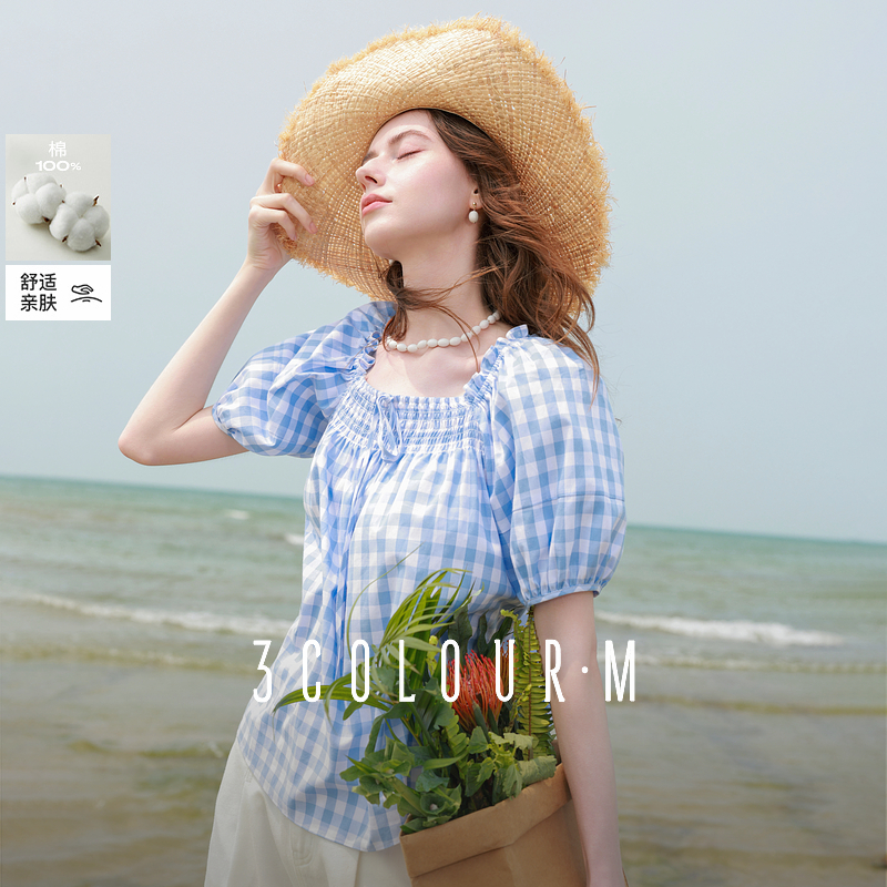 0376三彩2025夏季新款格纹纯棉衬衣泡泡袖方领短袖上衣宽松两dbc