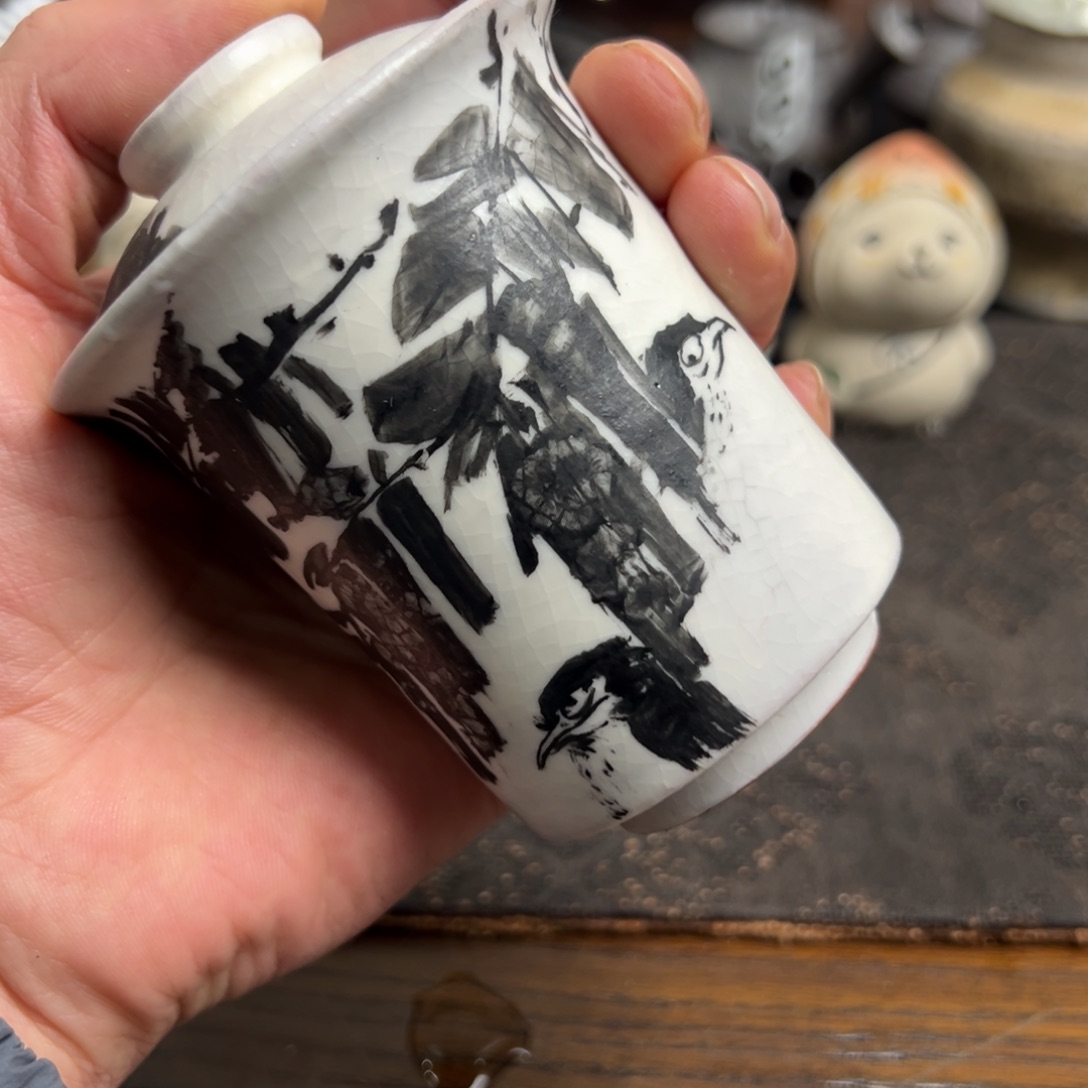 841水墨手绘粉引盖碗140容量