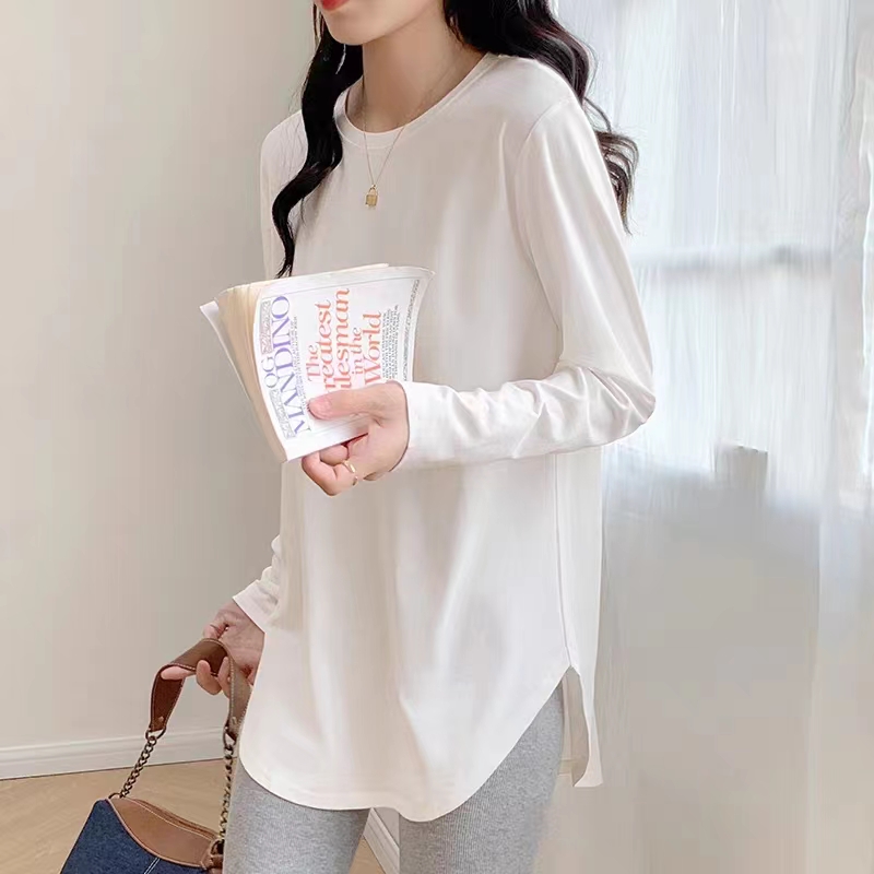 2024新款女装春秋长袖白色时尚百搭宽松中长款圆领