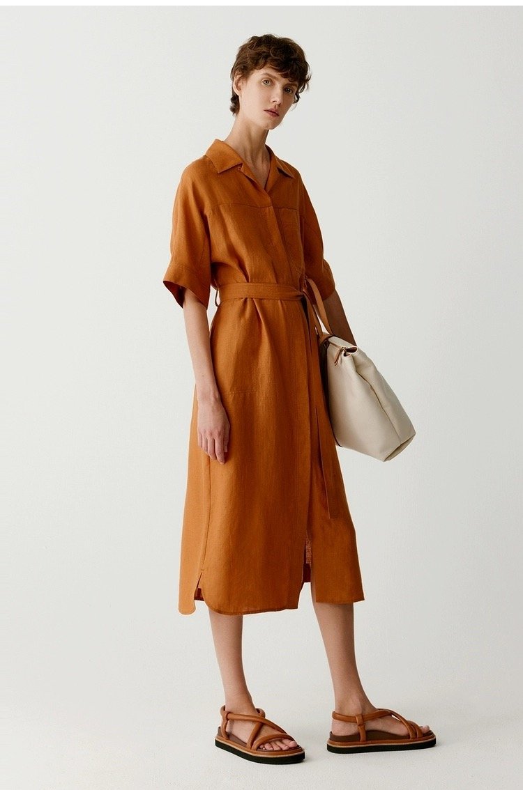 ZYL  中长款夏季插肩袖单排扣翻领连衣裙   G0804