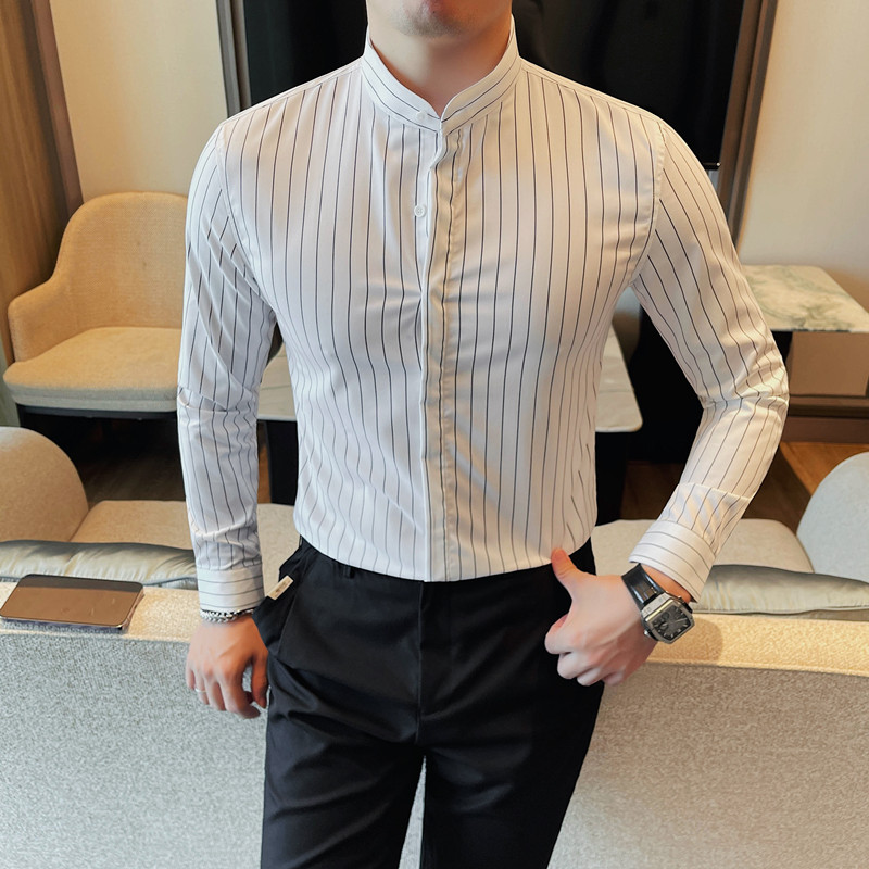 立领长袖新中式新款条纹衬衫休闲修身帅气痞帅潮流衬衣商务秋季