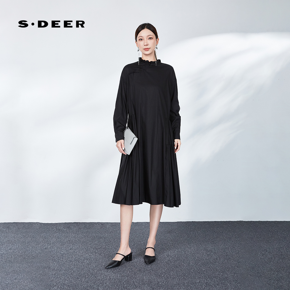 圣迪奥宽松显瘦气质轻奢时尚黑色初秋长袖连衣裙S243Z1219